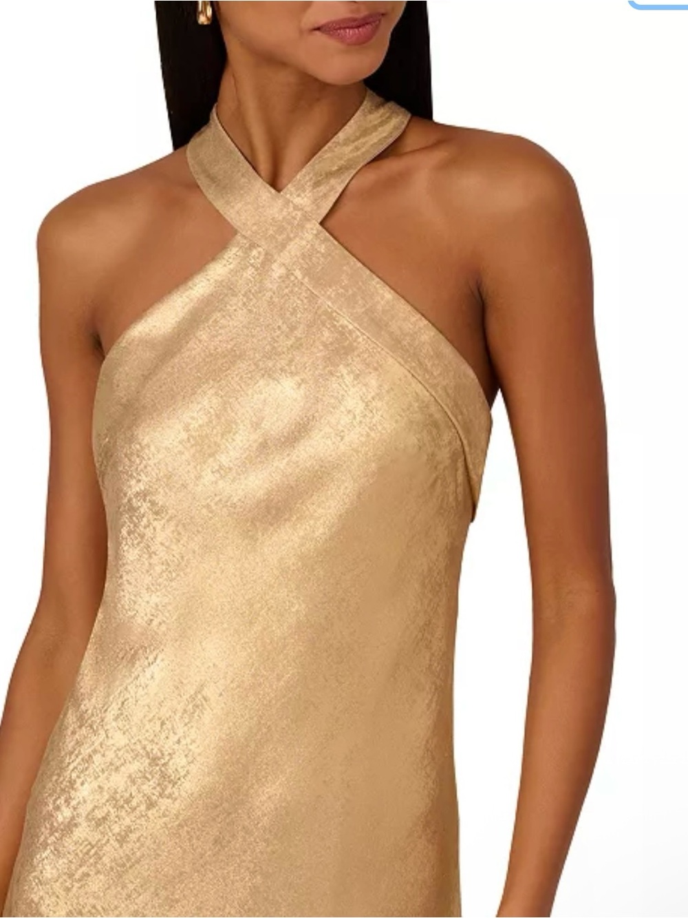 Adrianna Papell Metallic Gold Crisscross Halter Gown